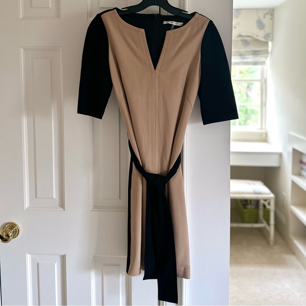 Trina Turk Black and Beige Color Block Tie Waist Knee Length Cocktail Dress